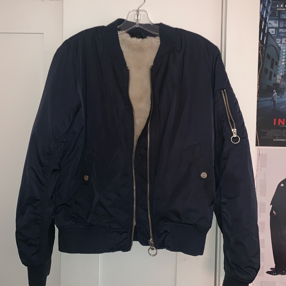 Dark Blue Bomber Jacket with Faux Fur Lining
